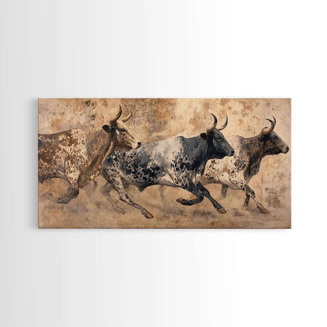 Running African Cattle Canvas Print, Rustic Safari Animal Painting, Earth Tone Wall Decor, Modern Farmhouse Home Decor, Housewarming Gift