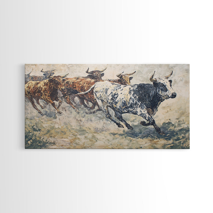Textured Longhorn Cattle Framed Canvas Print, African Safari Wall Art, Rustic Animal Painting, Neutral Living Room Decor