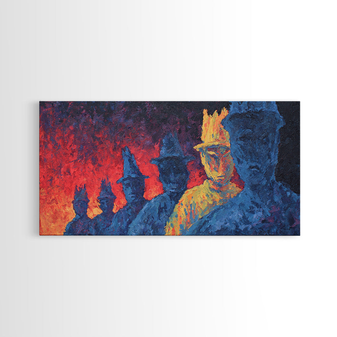 Fiery Blue And Gold Figures Framed Canvas Print, African Warrior Art, Bold Abstract Black Art, Vibrant Statement Home Decor