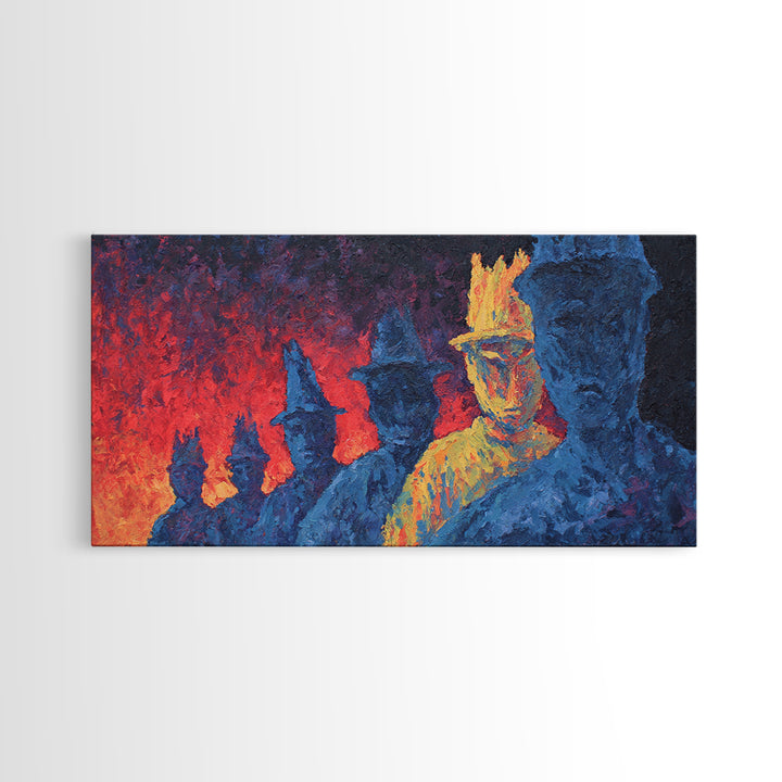 Fiery Blue And Gold Figures Framed Canvas Print, African Warrior Art, Bold Abstract Black Art, Vibrant Statement Home Decor