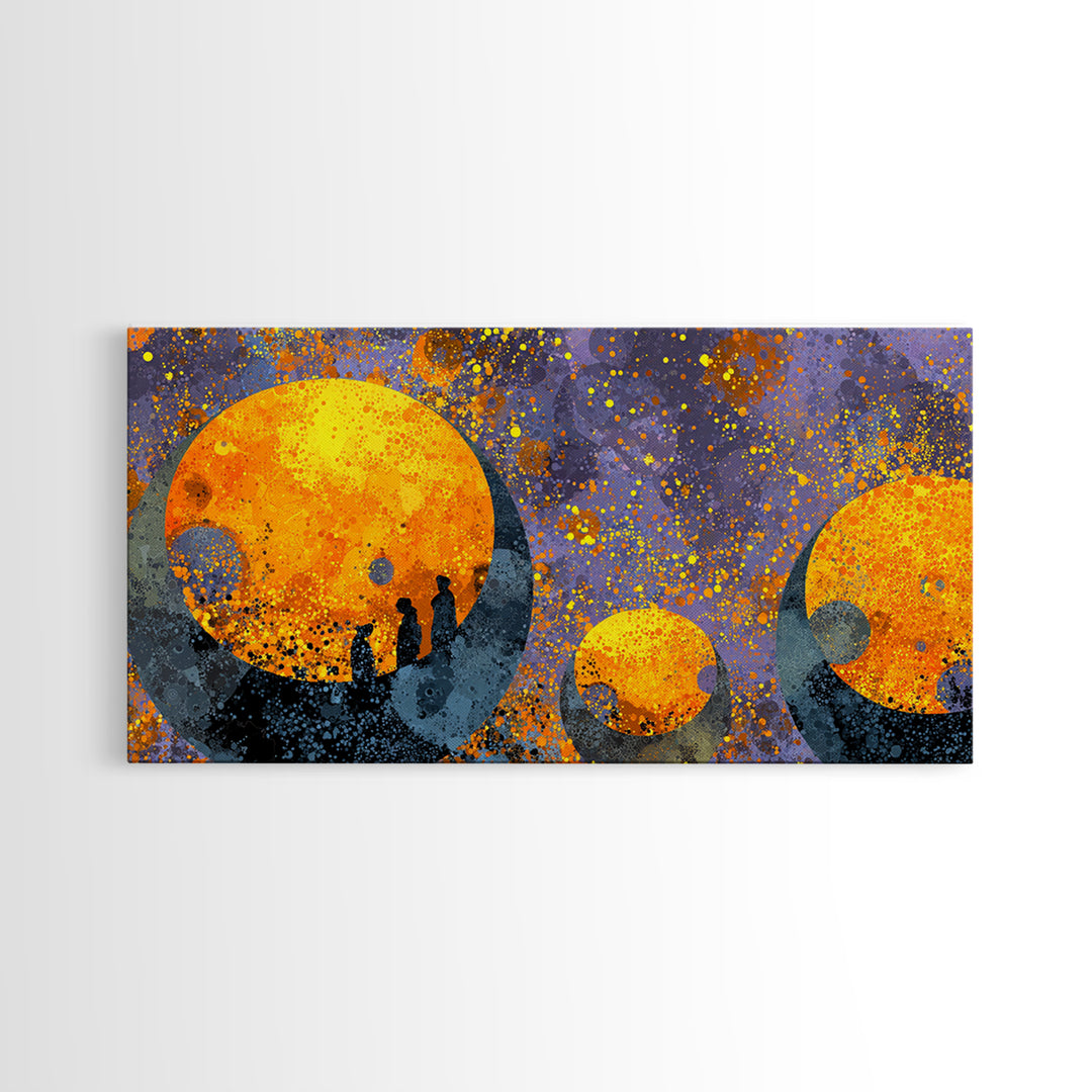 Orange Moon Figures Wall Art, African Inspired Abstract Landscape, Black Silhouette Home Decor, Afrofuturism Canvas Print