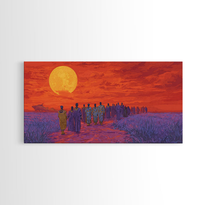 African Procession Under Orange Sun Framed Canvas Print, African Women Art, Cultural Wall Decor, Afrocentric Home Decor Gift