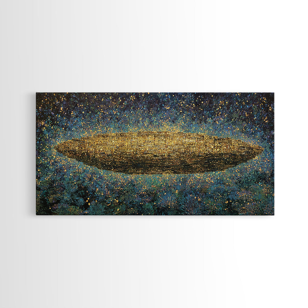 Glowing Golden Oval Over Blue Meadow Canvas Print, Abstract African Art, Textured Art Print, Luxury Canvas Art Decor Gift