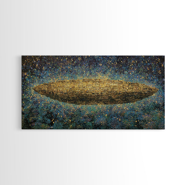 Glowing Golden Oval Over Blue Meadow Canvas Print, Abstract African Art, Textured Art Print, Luxury Canvas Art Decor Gift