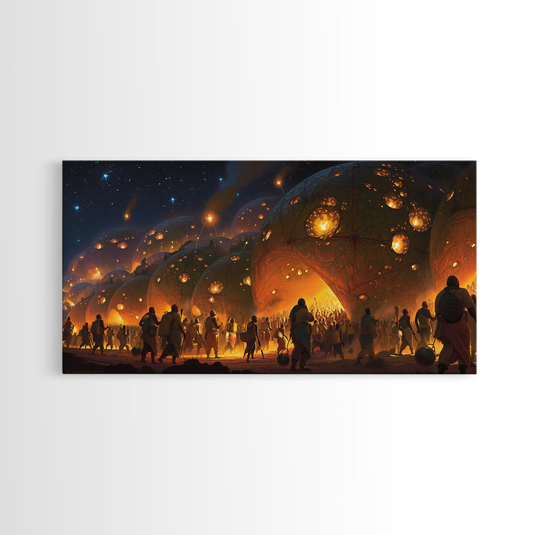 Fiery Afrofuturist Dome Village Wall Art, Modern African Art, Black Culture Art, Statement Canvas Decor For Living Room Gift