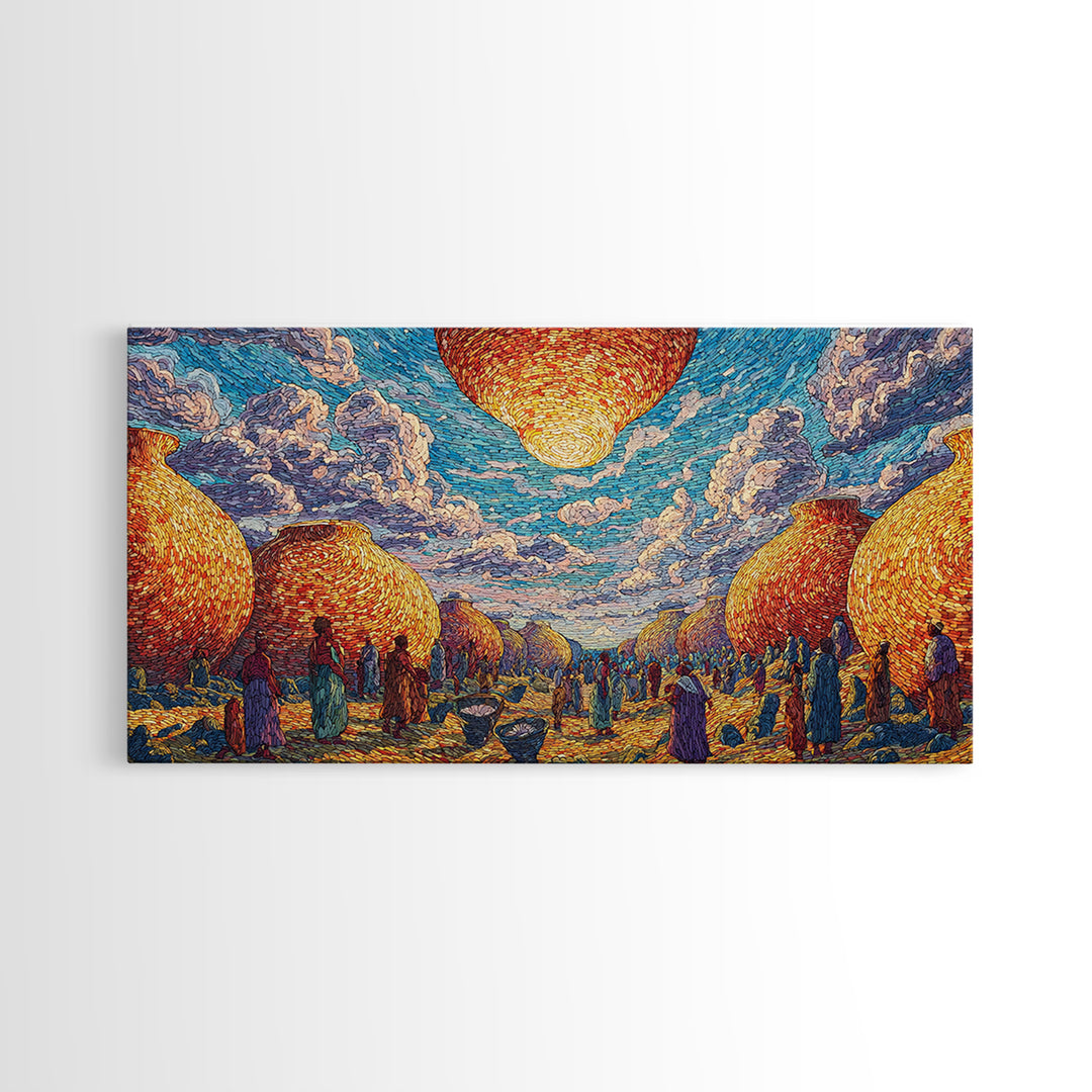 Golden Woven Village And Blue Sky Wall Art, African Landscape, Cultural Art Print, Boho African Home Decor Gift For Living Room