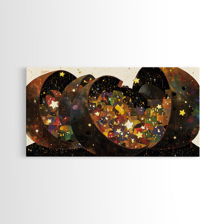 Celestial Crescent Star Village Wall Art, African Inspired Abstract, Black Gold Canvas Print, Whimsical Boho Decor Gift For Her