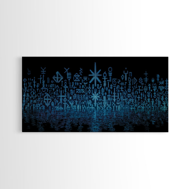 Blue Glowing Ancestral Symbols Over Water Canvas Print, African Abstract Art, Spiritual Wall Art, Mystical Wall Decor Gift