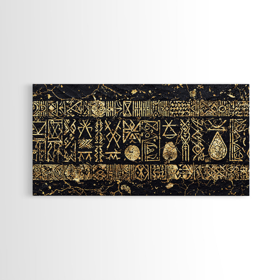Ancient Gold Tribal Symbols On Black Stone Wall Art, African Tribal Art, Cultural Wall Decor, Textured Canvas Print Gift