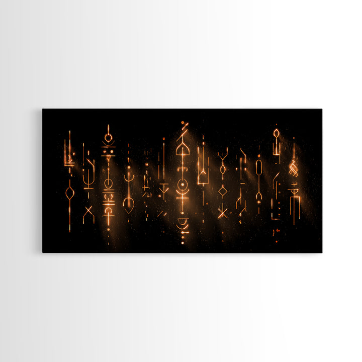 Glowing Ancestral Symbols Wall Art, African Inspired Abstract Canvas, Spiritual Black Gold Decor, Mystic Tribal Art Print