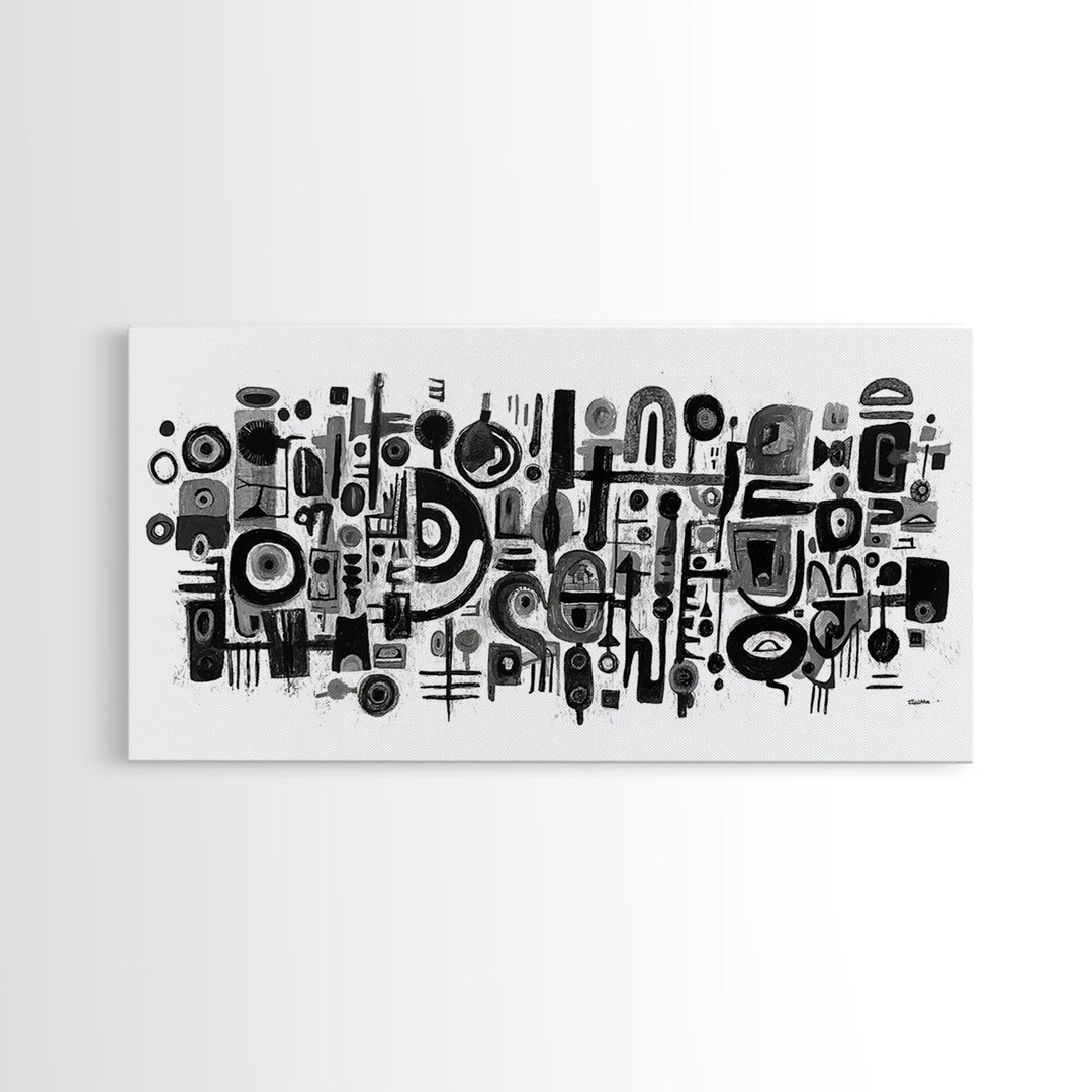 Black And White Tribal Shapes Canvas Print, Abstract African Art, Geometric Wall Decor, Modern Afrocentric Artwork For Home
