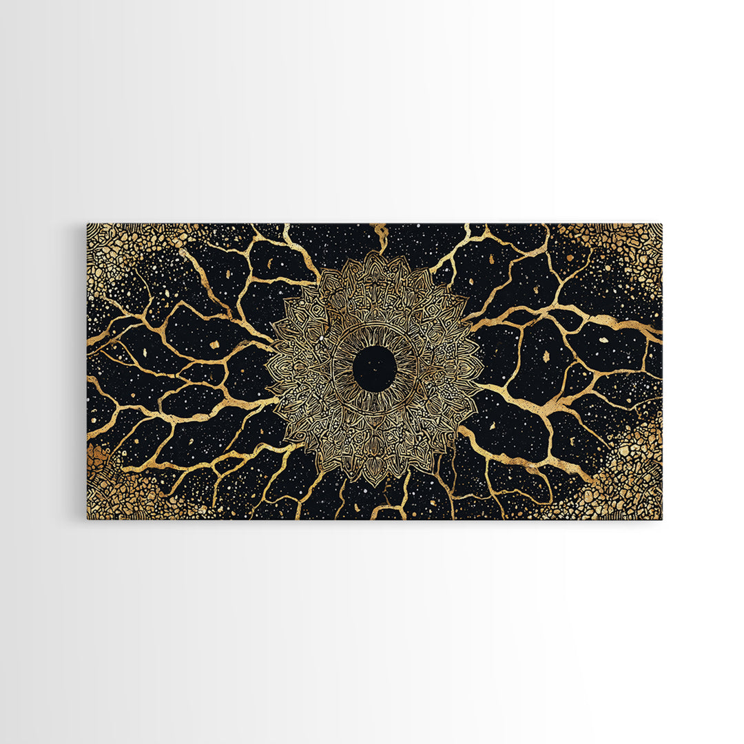 Golden Mandala Cosmos Wall Art, Black And Gold Abstract African Inspired Decor, Spiritual Geometric Canvas Print For Living Room