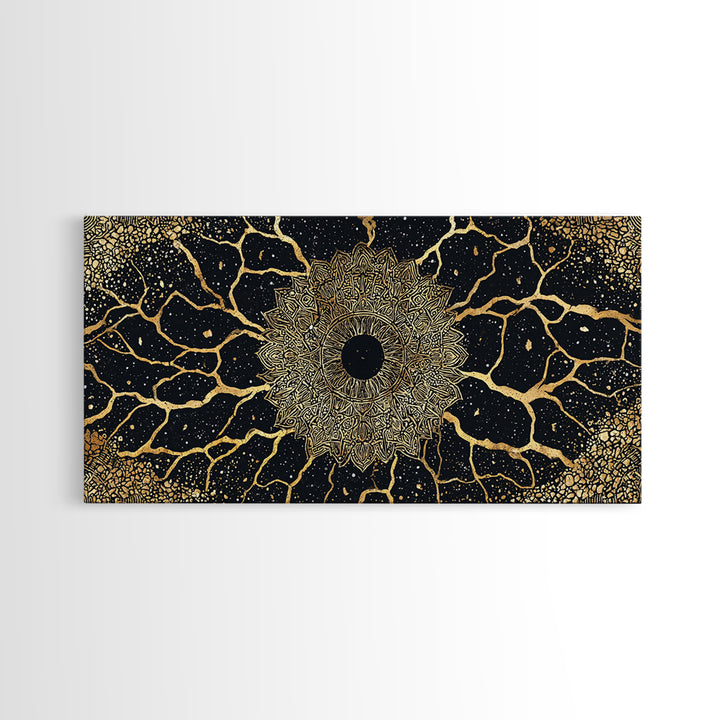 Golden Mandala Cosmos Wall Art, Black And Gold Abstract African Inspired Decor, Spiritual Geometric Canvas Print For Living Room