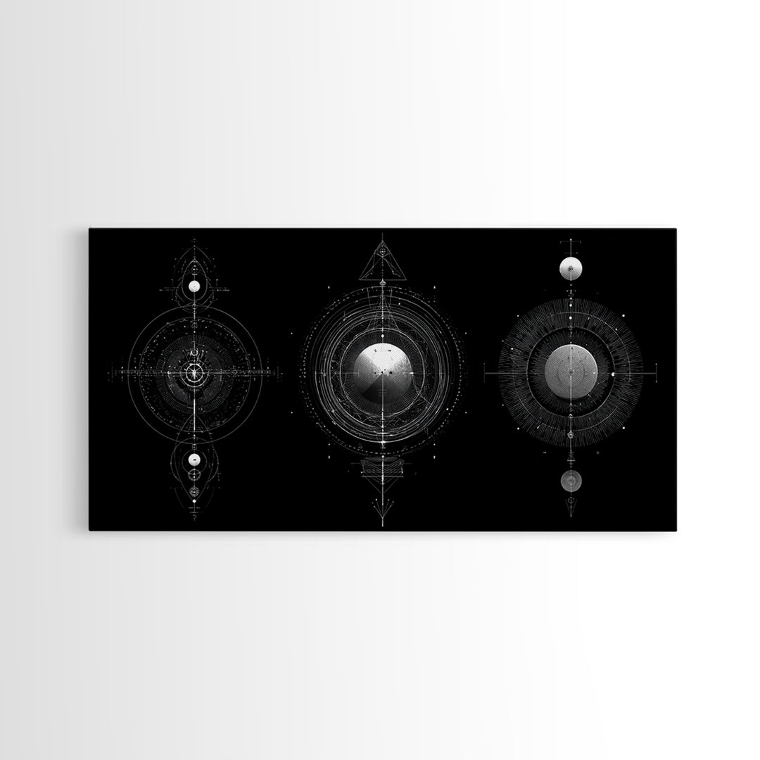 Celestial Geometry Triptych Canvas Print, Black And Silver Abstract Wall Art, Mystical Modern Decor For Meditation Room Gift