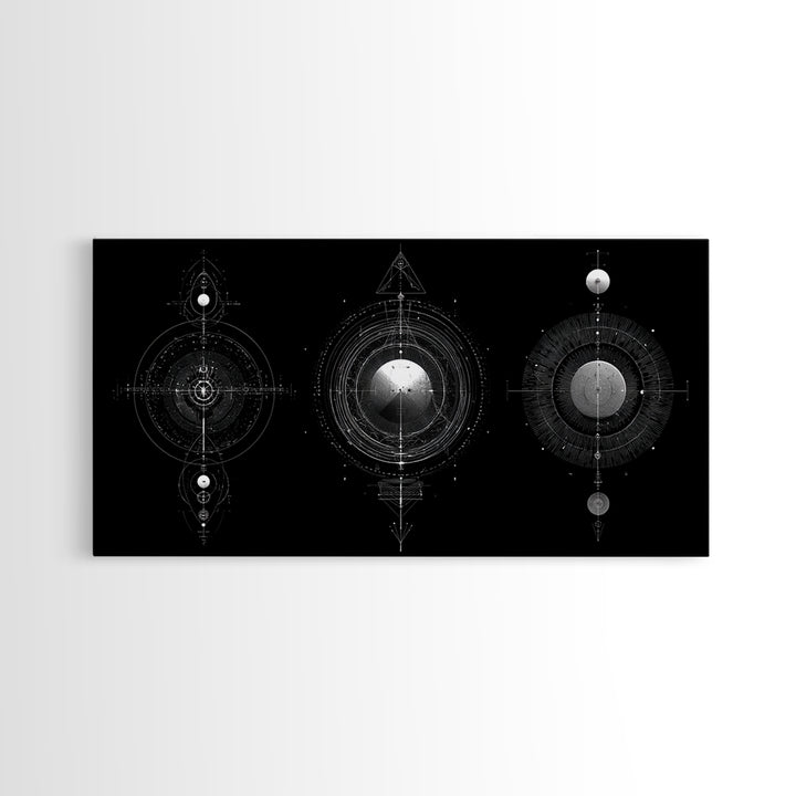 Celestial Geometry Triptych Canvas Print, Black And Silver Abstract Wall Art, Mystical Modern Decor For Meditation Room Gift
