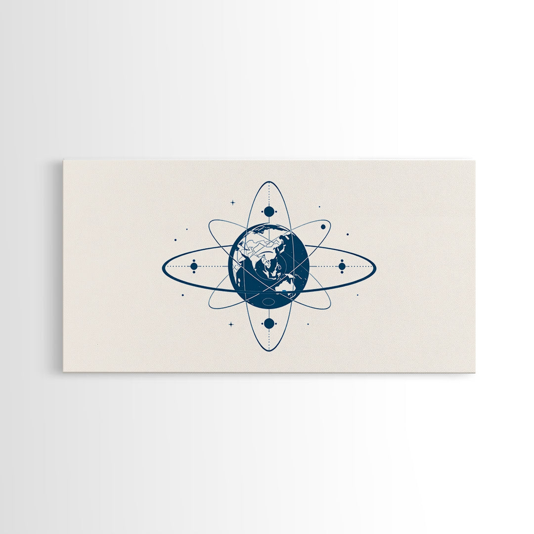 Blue Earth Atom Wall Art, Minimalist Globe Orbit Illustration, Science Inspired Canvas Print, Modern Office Decor For Home