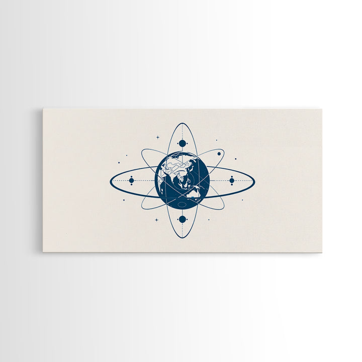 Blue Earth Atom Wall Art, Minimalist Globe Orbit Illustration, Science Inspired Canvas Print, Modern Office Decor For Home