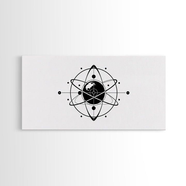 Minimalist Black Earth Atom Canvas Print, Globe Orbit Line Art, Modern Science Wall Art, Clean Office Decor For Home Gift
