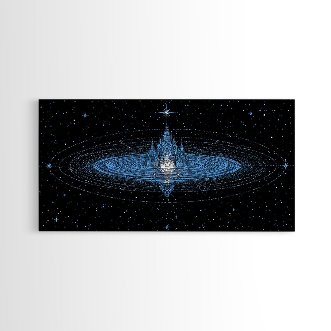 Blue Star City Wall Art, Cosmic Castle On Water, Dreamy Celestial Canvas Print, Mystical Night Sky Decor For Bedroom Gift