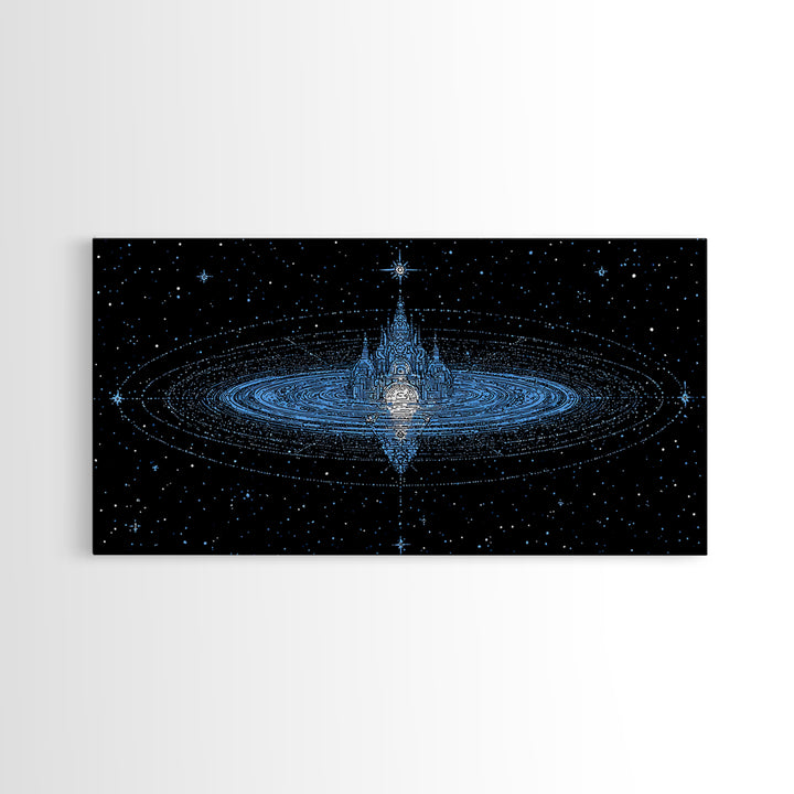 Blue Star City Wall Art, Cosmic Castle On Water, Dreamy Celestial Canvas Print, Mystical Night Sky Decor For Bedroom Gift