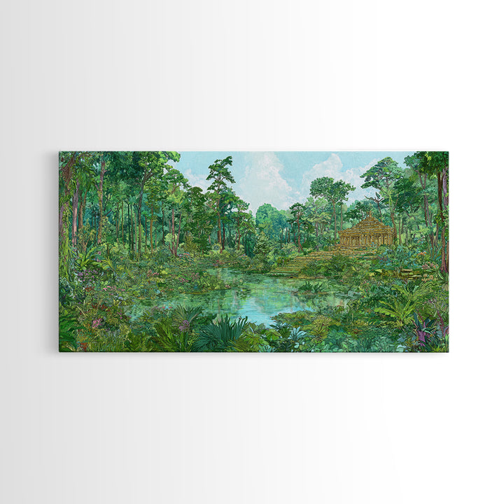 Lush Jungle Temple Wall Art, Tropical Lagoon Landscape, Green Nature Canvas Print, Serene Boho Home Decor Gift For Living Room