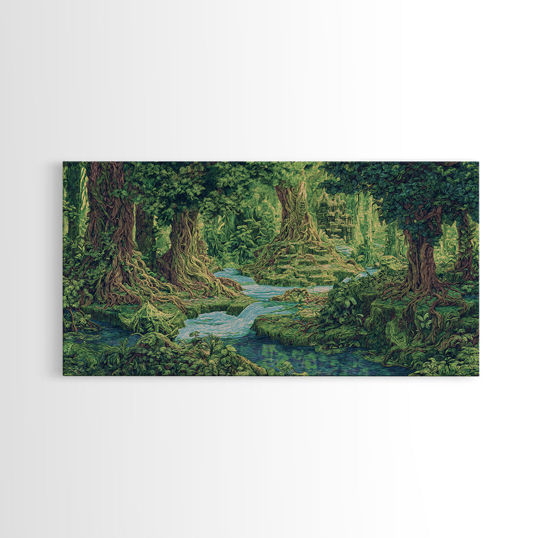 Ancient Jungle Stream Canvas Print, Fantasy Forest Ruins, Green Nature Wall Art, Tropical Landscape Decor For Living Room