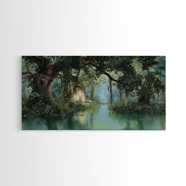 Misty Bayou Forest Wall Art, Dreamy River Landscape, Ancient Trees Canvas Print, Elegant Green Nature Decor For Home Gift