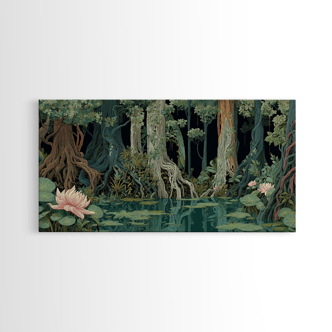 Dark Mangrove Swamp With Lotus Flowers Wall Art, Moody Jungle African Landscape, Boho Nature Canvas, Living Room Decor Gift