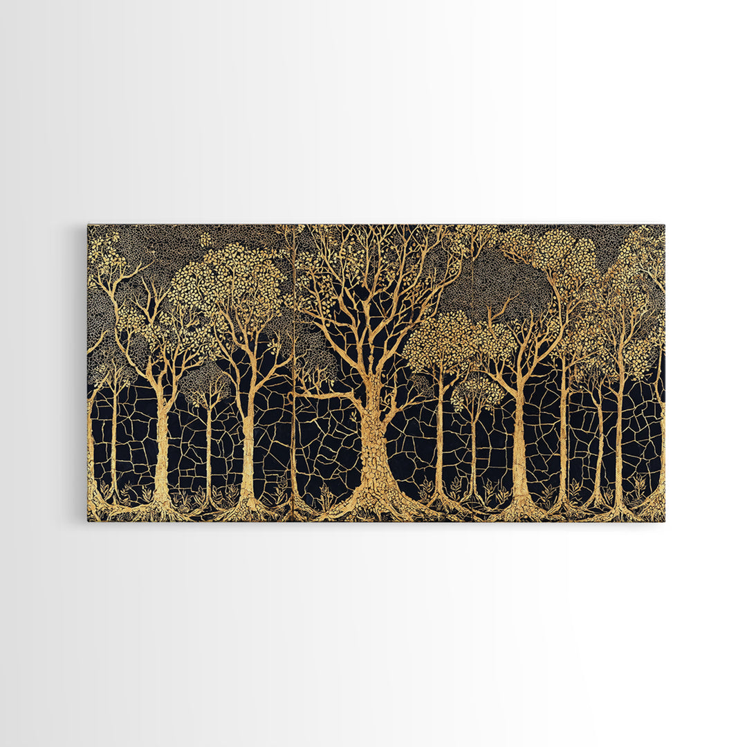 Golden Forest Of Bare Trees Wall Art, Black And Gold African Inspired Nature Print, Elegant Boho Home Decor, Statement Gift