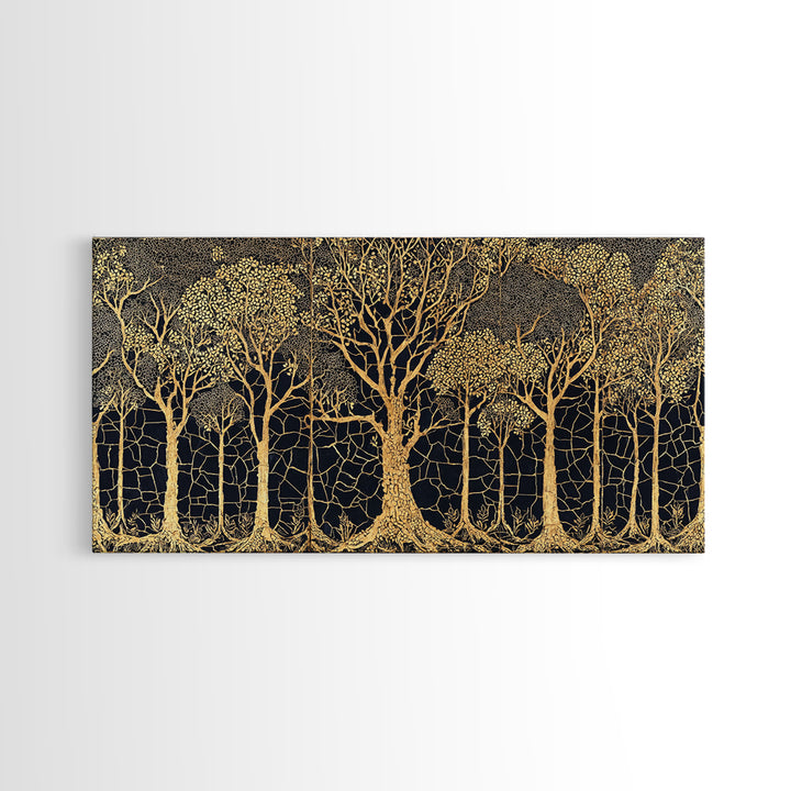 Golden Forest Of Bare Trees Wall Art, Black And Gold African Inspired Nature Print, Elegant Boho Home Decor, Statement Gift