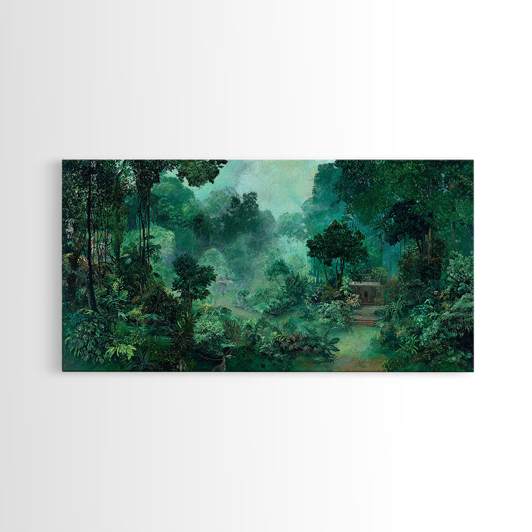 Misty Emerald Jungle Path Wall Art, African Safari Landscape, Tropical Nature Scene, Green Living Room Decor, Serene Gift