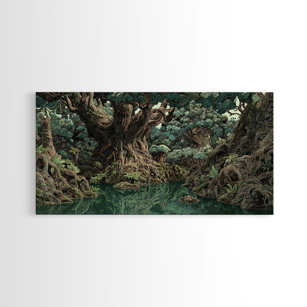 Ancient Banyan Tree Lagoon Canvas Print, Mystical Jungle African Landscape Wall Art, Boho Nature Decor, Statement Home Gift
