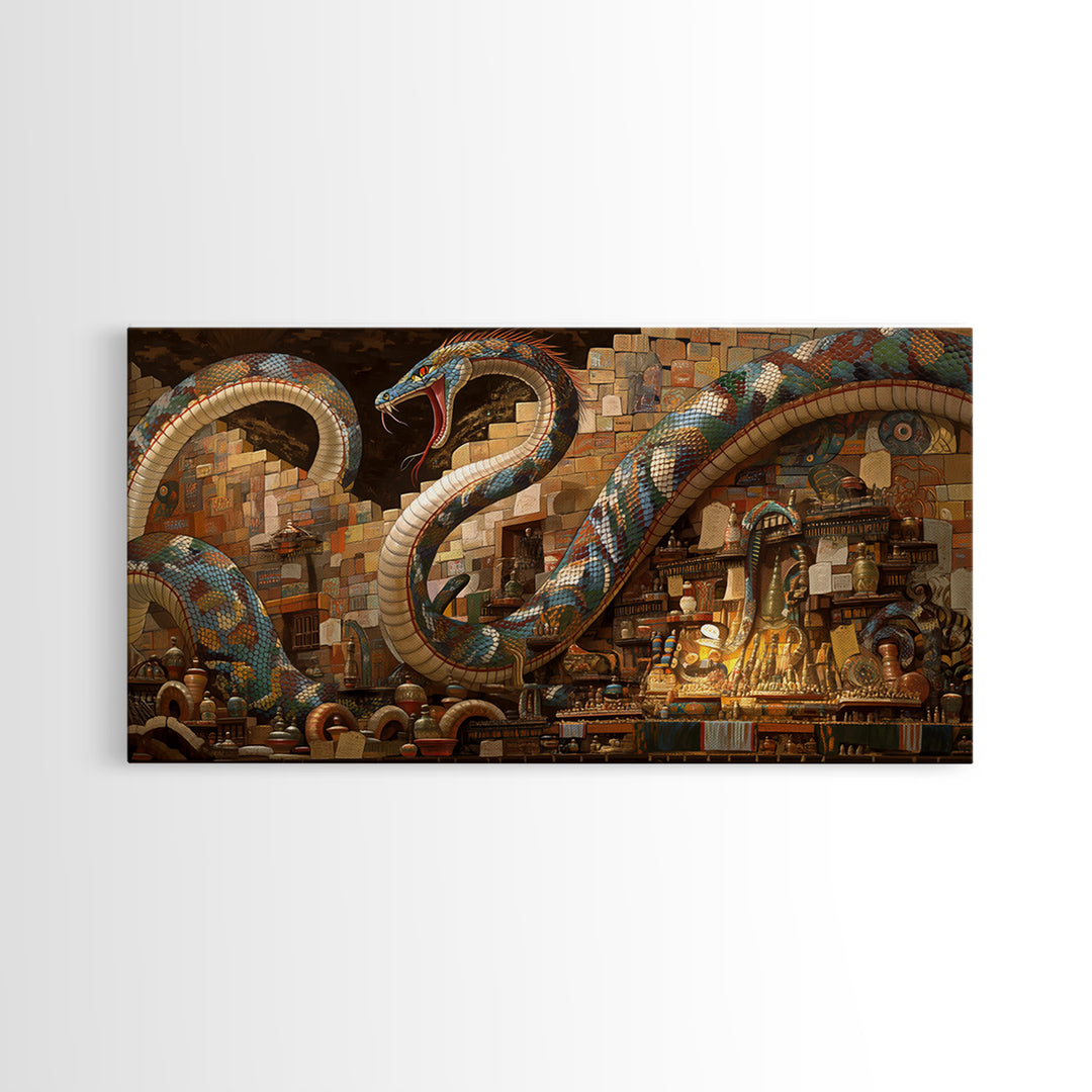 Jeweled Giant Serpents In Antique Market Canvas Print, Mystical African Inspired Wall Art, Exotic Boho Decor, Unique Gift