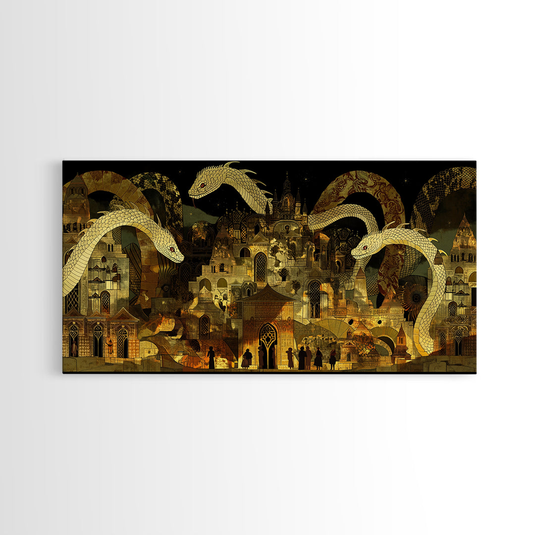 Golden Serpents Over Palace City Wall Art, Mystical African Inspired Canvas Print, Black Gold Decor, Fantasy Statement Gift