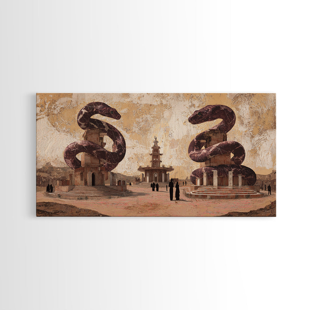Twin Serpent Desert Plaza Framed Canvas Print, African Inspired Wall Art, Warm Terracotta Cultural Decor, Unique Home Gift