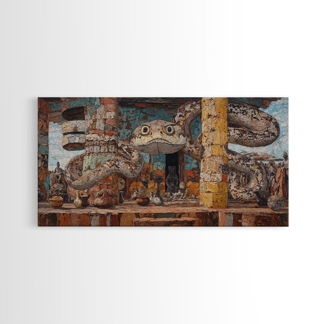 Giant Serpent Market Scene Canvas Print, African Tribal Art, Snake Sculpture Decor, Rustic Bazaar Wall Decor Gift For Living Room