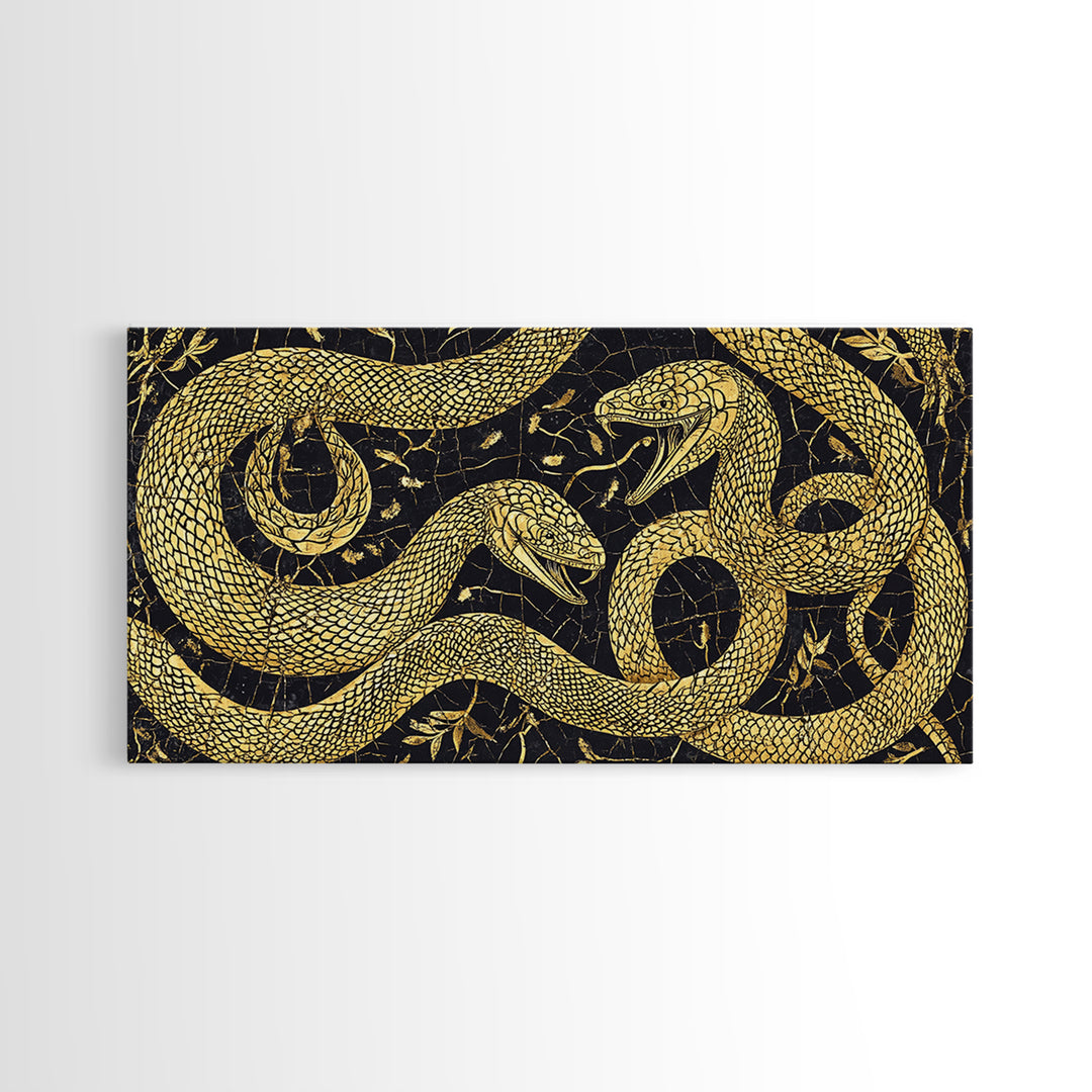Gold Serpent Botanical Canvas Print, Black And Gold Snake Wall Art, African Inspired Luxury Decor For Bedroom And Office