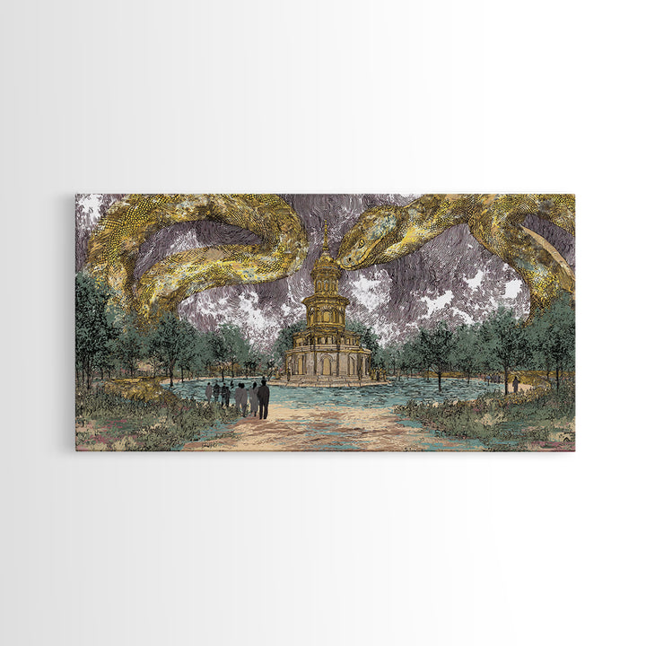 Golden Serpents Over Palace Gardens Wall Art, Surreal Botanical Landscape, Luxury Canvas Print For Elegant Home Decor Gift