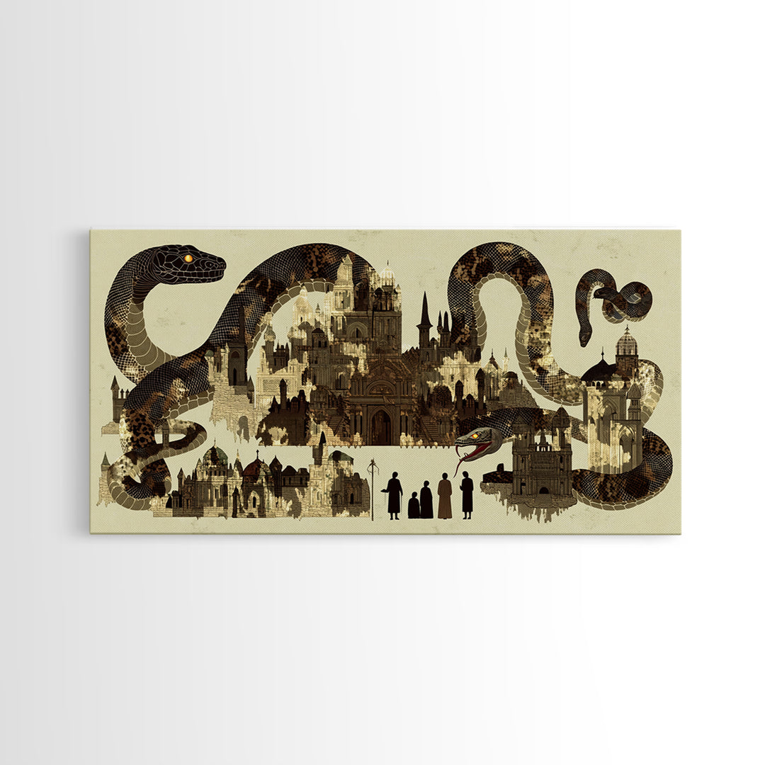 Sepia Serpent Cityscape Canvas Print, Historic Architecture Wall Art, Fantasy Snake Artwork For Study Room Decor Gift For Him