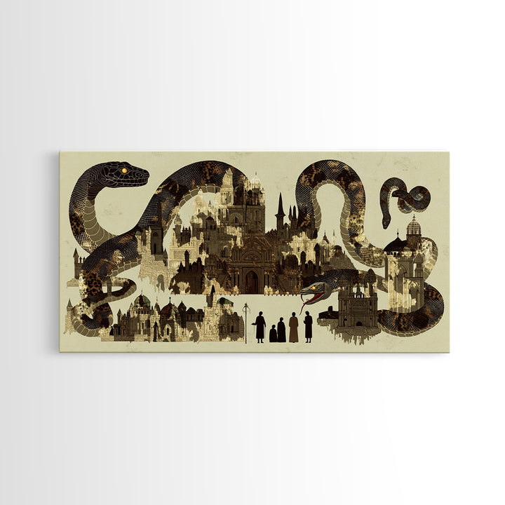 Sepia Serpent Cityscape Canvas Print, Historic Architecture Wall Art, Fantasy Snake Artwork For Study Room Decor Gift For Him