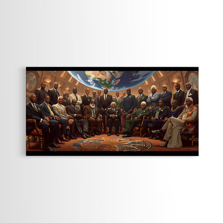 Pan African Council Under Globe Framed Canvas Print, Black Culture Wall Art, African American Leaders Office Decor Gifts