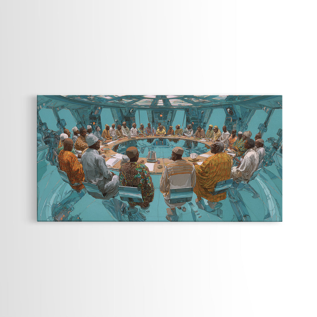 Futuristic Roundtable Leaders Canvas Print, African Wall Art, Modern African Art, Afrocentric Wall Art, Office Decor Gift