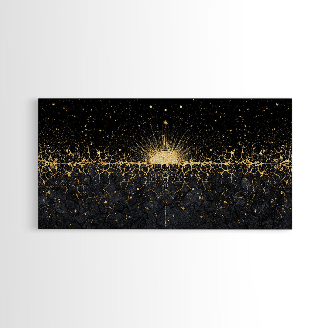 Golden Sunrise Over Ancestral Horizon Wall Art, Black And Gold Art, African Inspired, Spiritual Wall Art, Elegant Home Decor
