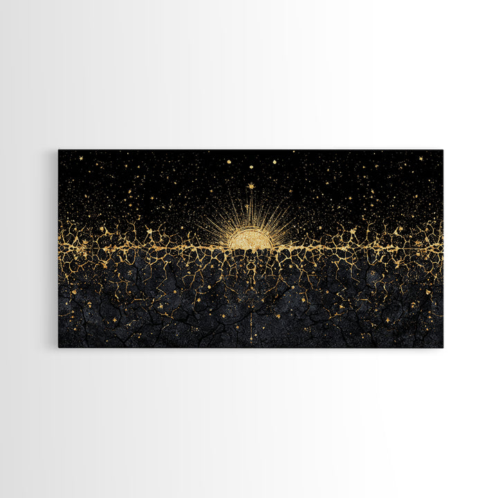 Golden Sunrise Over Ancestral Horizon Wall Art, Black And Gold Art, African Inspired, Spiritual Wall Art, Elegant Home Decor