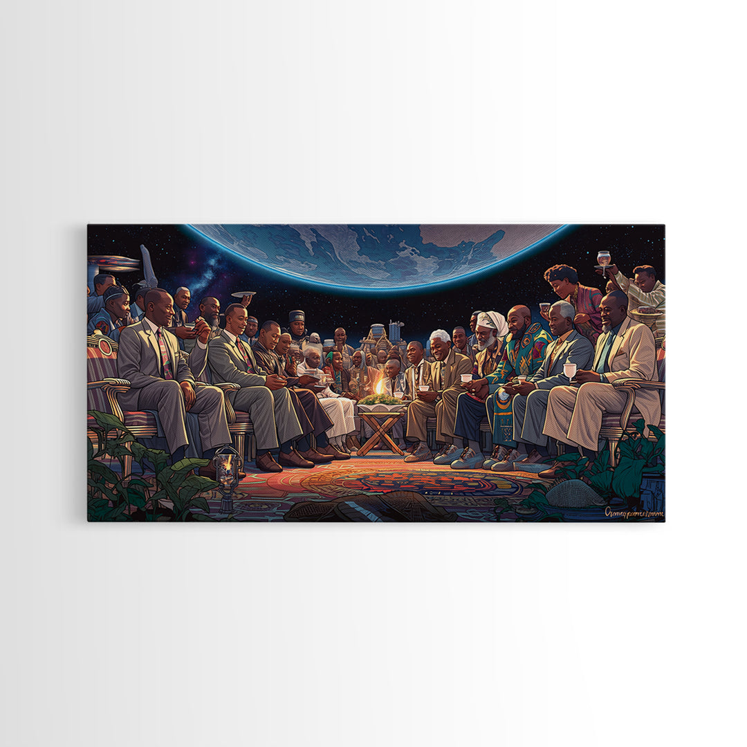 Moonlit Global Council By Fire Wall Art, African American Art, Afrocentric Decor, Black Culture Art, Unique Canvas Print Gift