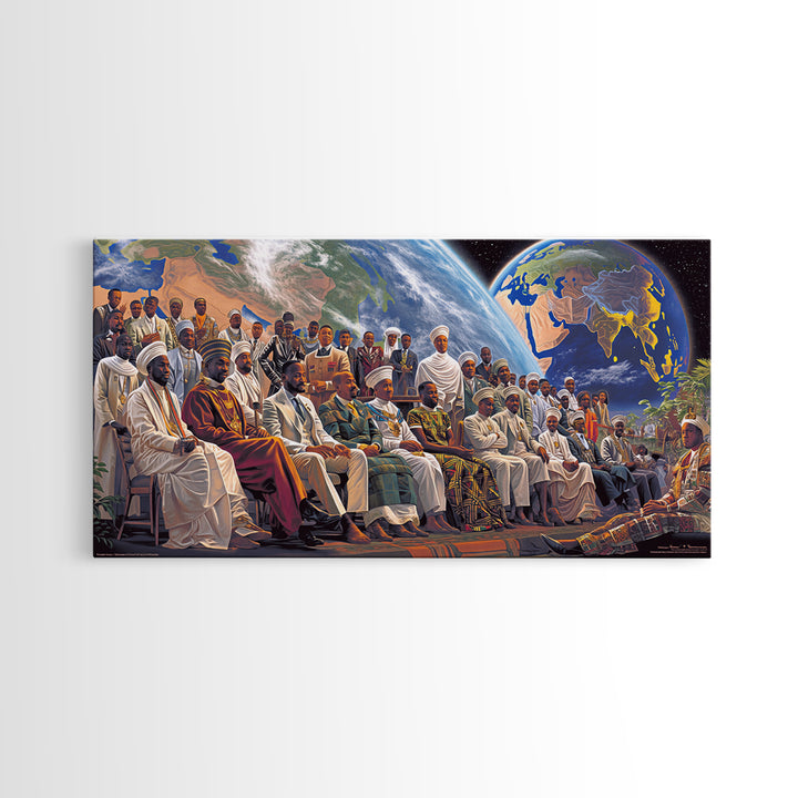 Pan African Assembly Beneath Planets Framed Canvas Print, African Wall Art, Black History Art, Afrocentric Cultural Home Decor