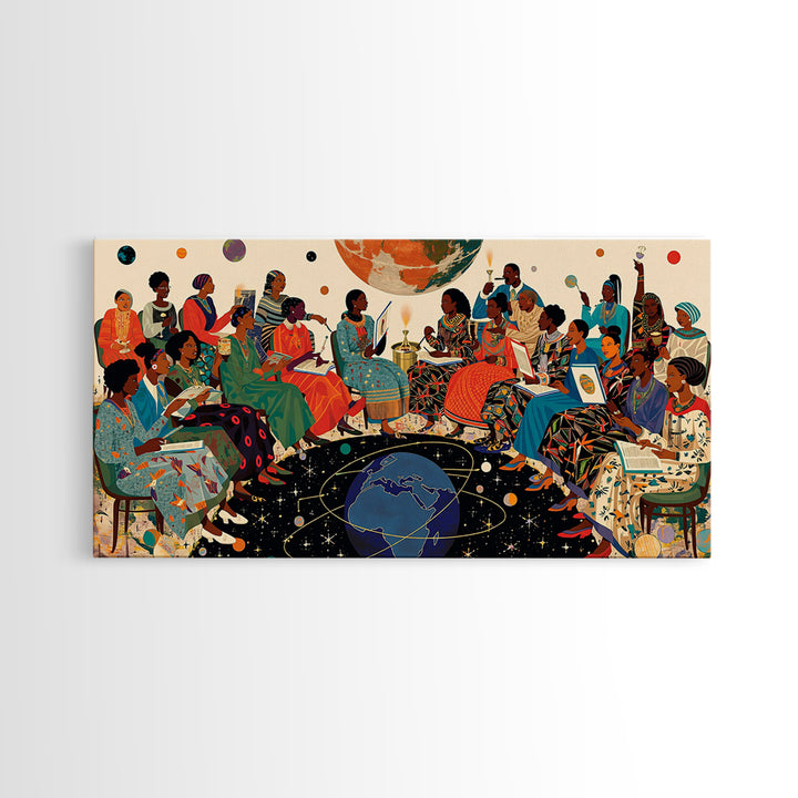 Cosmic African Women Circle With Planets Canvas Print, Black Women Art, Afrocentric Wall Art, Vibrant Cultural Home Decor