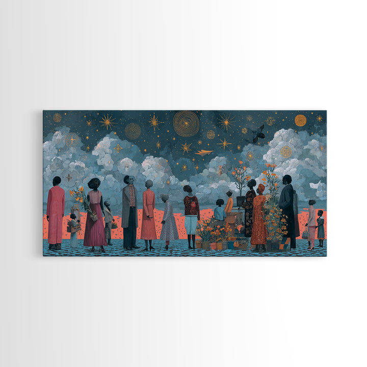 Starry Ancestral Gathering Beneath Clouded Sky Framed Canvas Print, African Wall Art, Spiritual Black Culture Decor Gift