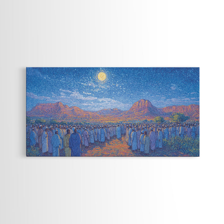 Moonlit African Desert Pilgrimage With Mountain Canvas Print, African Landscape, South African Art, Serene Living Room Decor