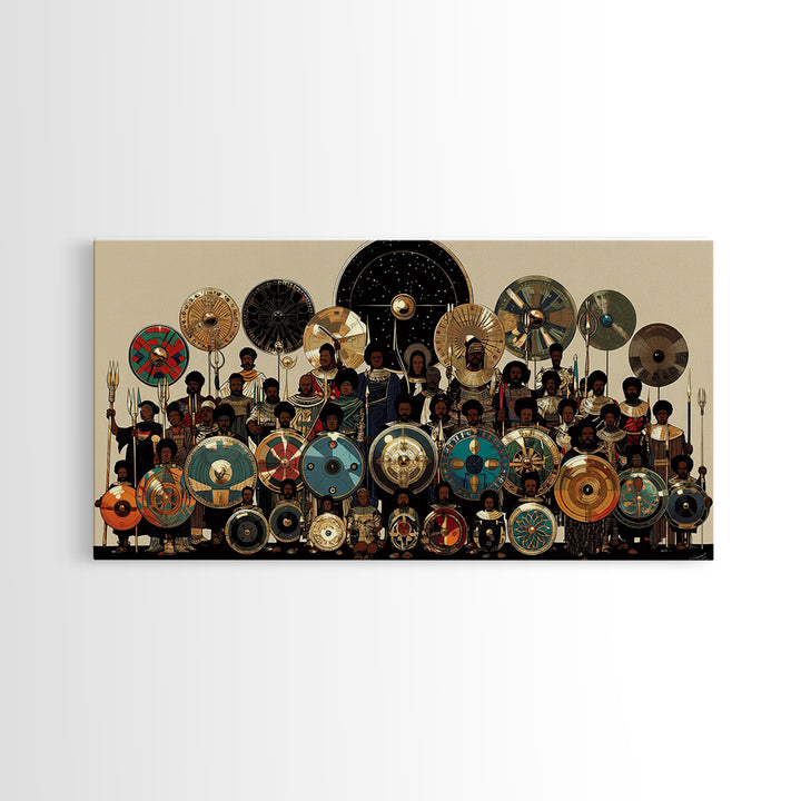 Regal African Shield Bearers With Tribal Parasols Framed Canvas Print, African Warrior Art, Black Culture Wall Decor Gift